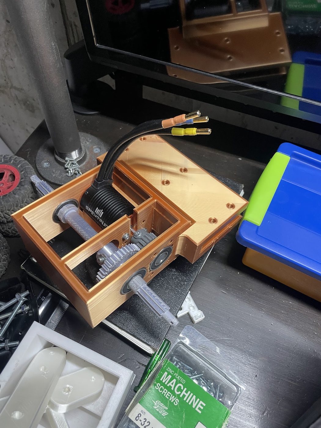 Printed gearbox housing with motor, gears and axles installed