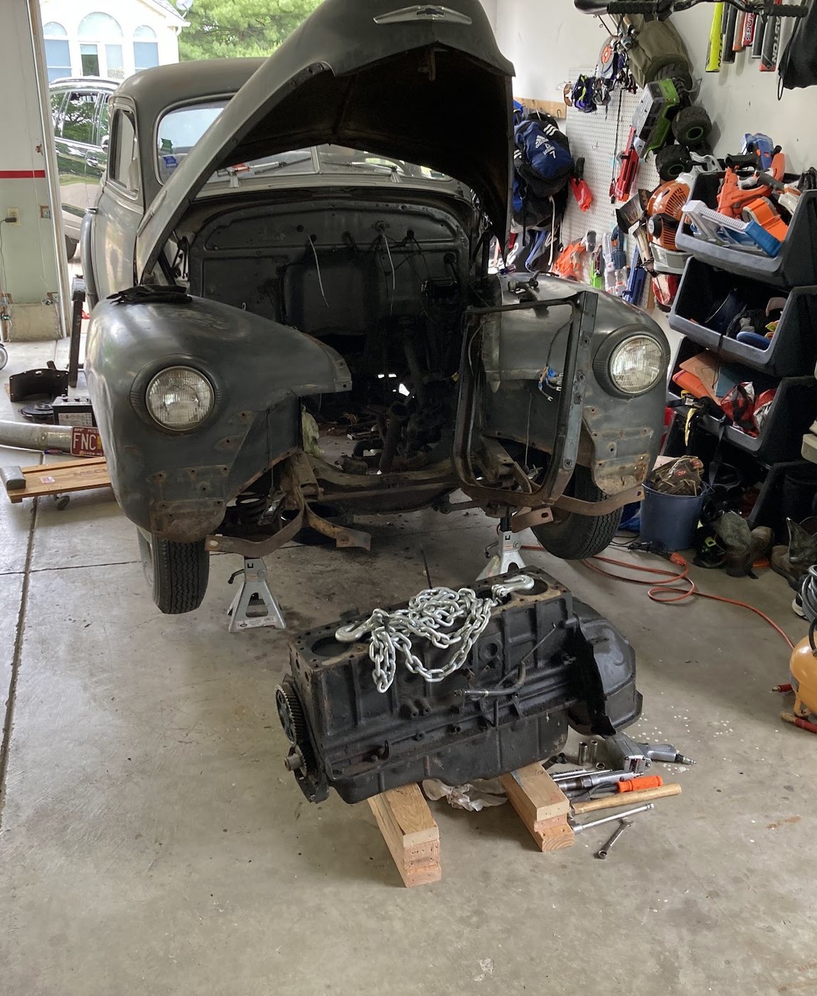 Fleetmaster with the inline-six engine removed and sitting on blocks